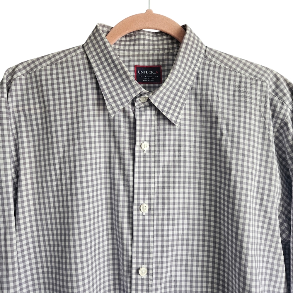 Untuckit Mens Long Sleeve Gray White Gingham Checked Button Down Sz Large‎